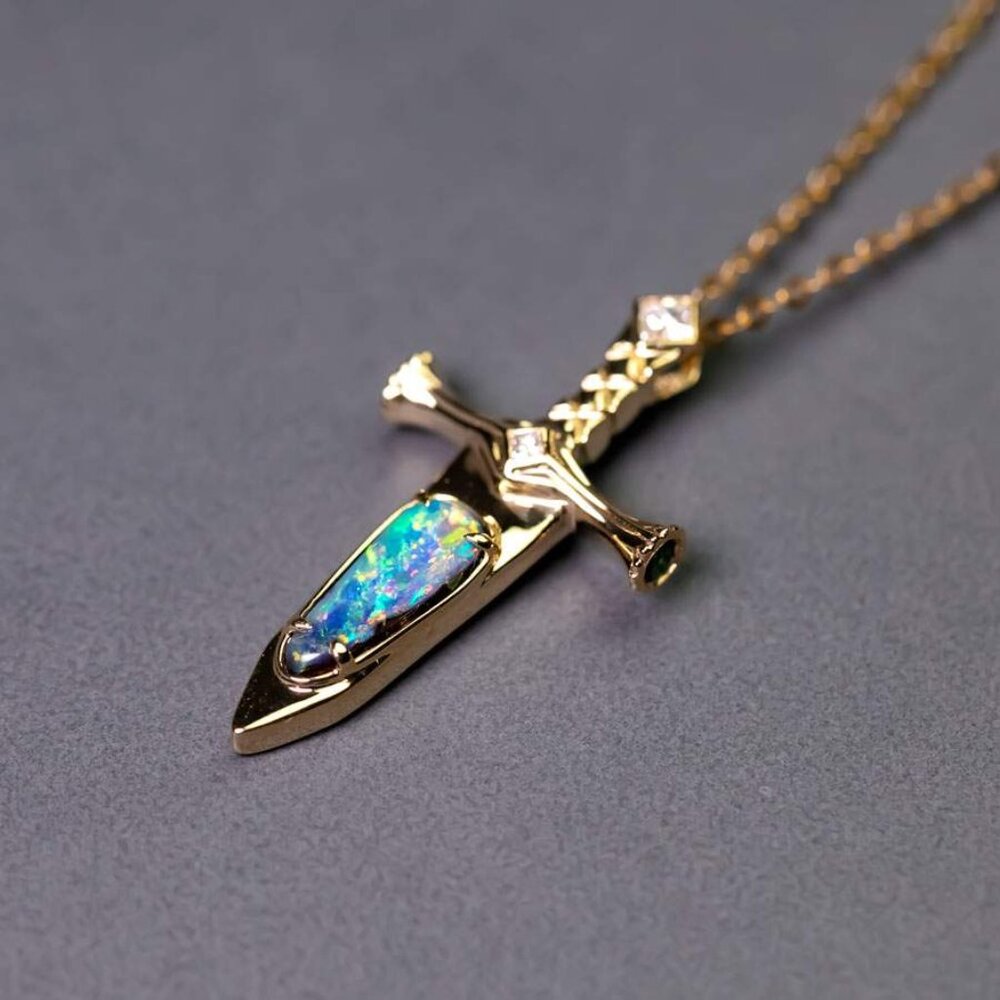 Knight Sword - Australian Boulder Opal &amp; Princess Cut Diamond Pendant